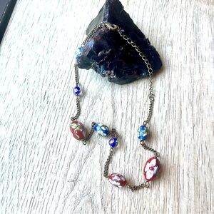 Elegant Vintage Floral Cloissone and Brass Necklace in Reds and Blues
